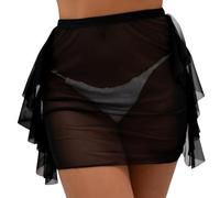 Hybursky Women Sheer Beach Cover up Skirt See Through Mesh Bikini Mini Skirts Elastic Waisted Swimsuit Wrap Summer Short Beachwear, Black/XL