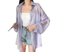 Hybursky Women Sun Protection Chiffon Shirt, Summer Sunscreen Long Sleeve Button Down Blouses Beach Cover Up Sheer Cardigans Loose Casual Top Coat for Daily Going Out Seaside Vacation (Purple)