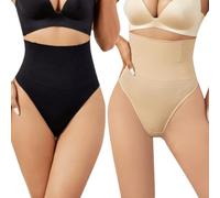 Hybursky Women Tummy Control Thongs 2 Pack High Waisted Control Knickers for Women Ladies Seamless Shapewear Slimming Underwear Comfort Body Shaper, L