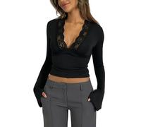 Hybursky Womens Bell Long Sleeve Crop Top, Sexy Lace Trim Deep V Neck Slim Fit Base Shirt Solid Color Flare Sleeve Cropped Blouse Shirt Bottoming Shirts Casual Ladies Going Out Top (Black/L)