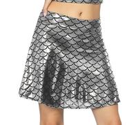 Hybursky Women's Fish Scale Flared Skater Skirts Metallic Shiny High Waisted Mini Skirts PU Leather A-Line Y2K Skirts Clubwear Dancewear Disco Rave Nightclub Party Fish Scales Costume, Silver
