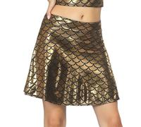 Hybursky Women's Fish Scale Flared Skater Skirts Metallic Shiny High Waisted Mini Skirts PU Leather A-Line Y2K Skirts Clubwear Dancewear Disco Rave Nightclub Party Fish Scales Costume, Gold