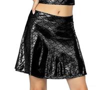 Hybursky Women's Fish Scale Flared Skater Skirts Metallic Shiny High Waisted Mini Skirts PU leather A-Line Y2K Skirts Clubwear Dancewear Disco Rave Nightclub Party Fish Scales Costume, Black
