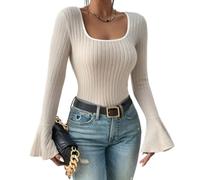 Hybursky Women's Long Sleeve Tops Sexy Square Neck Trumpet Sleeves Knitted Ribbed Tops Slim Fit Casual Base Shirt Pullover Sweatshirts Going Out Striped Tunic Tops (Apricot-L)