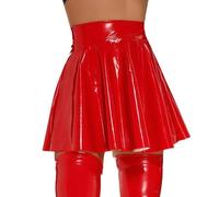 Hybursky Women's Metallic Shiny Mini Skirts High Waisted Pleated Skirt with G-String PU Leather A-Line Y2K Short Skirts Clubwear Disco Rave Nightclub Dance Party Performance Costume, Red/XL