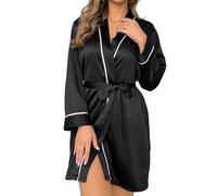 Hybursky Women's Satin Dressing Gown, Long Sleeve Kimono Wedding Robe V Neck Bathrobe for Loungewear Sleepwear Bride Bridesmaid Robes Nightwear(Black/M)