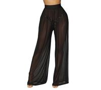 Hybursky Women's See Through Pants Sheer Mesh Summer Trousers High Waisted Loose Fit Casual Wide Leg Beach Pants Bikini Bottom Cover up Sexy Transparent Trousers for Club Party Dailywear, Black/XL