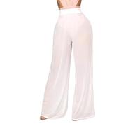 Hybursky Women's See Through Pants Sheer Mesh Summer Trousers High Waisted Loose Fit Casual Wide Leg Beach Pants Bikini Bottom Cover up Sexy Transparent Trousers for Club Party Dailywear, White/L