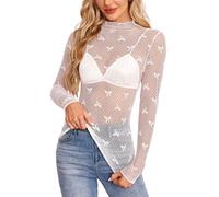 Hybursky Womens Sheer Long Sleeve Mesh Top Sexy Lace Bowknot Printed See Through T-Shirt Mock Neck Basic Tee Shirt Blouse Tops Slim Fit Tunic Top Undershirt for Clubwear Streetwear (White-M)