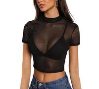 Hybursky Womens Short Sleeve Mesh Crop Top See Through Mock Neck Sheer Blouses Y2K Going Out Tops Club Outfits Shirts Casual Sexy Slim Fit T-Shirt for Party Clubwear(Black/L)