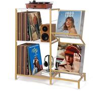 HYCFYJR Record Player Stand with Vinyl Record Storage, Turntable Stand with 2-Tier Vinyl Display Shelf & Metal Frame, Vinyl Holder for Living Room, Gold & White