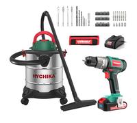 HYCHIKA 53pcs Brushless Cordless Drill Set + 3 in 1 Wet and Dry Vacuum Cleaner (1200 W, 20 L, 6 M Cleaning Range) 18V Electric Power Drill with 60Nm Max, 21+3 Torque, 2.0Ah Battery