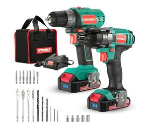 HYCHIKA Cordless Drill Driver 18V, Electric Screwdriver 35 N.m, Impact Driver 160 N.m, Combi Drill, 21+1 Torque Set, 2-Speed, LED Light, 2 x 2.0AH Battery, Charger for Home and Garden DIY