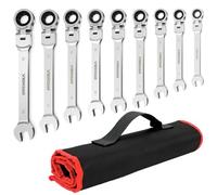 HYCHIKA Ratchet Spanner Set 9pcs, Flexible Combination Wrench 6-19 mm, Flex-Head Spanner Sets, Combination Spanner in Roll Bag for Car Repairing, Industrial Maintenance