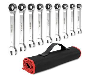 HYCHIKA Ratchet Spanner Sets, 9PCS Combination Wrenches, 72 Tooth Ratchet Gear 6-19 mm Metric Spanner Set, Fixed Head Combination Spanner Set in Roll Bag