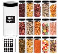 HYCKee 12 Pack Plastic Jars with Black Lids,500ml Plastic Food Storage Jars for Spice Dry Food Snack, Bean,1 Pen and 20 PCS Labels Kitchen Pantry Storage Jar