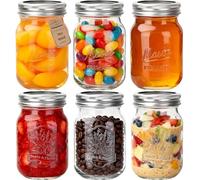 HYCKee 480ml 6 Pack Mason Glass Jars with Airtight Lids and Bands, Embossed Design Canning Jars, Regular Mouth Glass Jars for Pickling, Meal Prep, Freezing, Fermenting, Preserving, Jar Décor