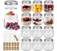 HYCKee Mason Jars 240ml with Regular Lids, 12 Pack 8 Oz Glass Canning Jar With Labels Tags, Mini Oats Jars for Jam Jelly Spice Honey Herbs, Wedding Shower Favors Glass Food Storage Candle Jars
