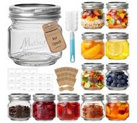HYCKee Mason Jars 250ml, 12 Pack Embossed Design Glass Canning Jars with Silver Metal Lids, Half Pint Glass Jars Ideal for Gifts, Jam, Honey, Wedding Favors, Shower Favors