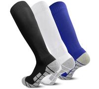 HYCLES 1/3 Pairs Kids Football Socks School Knee High Sport Socks for Boys Girs Mens Breathable Soccer Socks Children Adult Socks Running Training Daily Wear Black+White+Blue XL