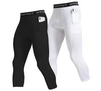 HYCOPROT 2 Pack Mens 3/4 Compression Leggings with Pockets Athletic Tights Sprots Compression Pants Cool Dry Base Layer Trousers for Running Sports Yoga Basketball (Black/White, XXL)