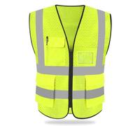 HYCOPROT Hi Vis Viz High Visibility Reflective Safety Vest Waistcoats Jacket Workwear Executive Zip 2 Band Security Mobile Phone Pocket ID Holder (Yellow-mesh, M)