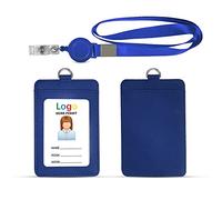 HYCOPROT ID Badge Holder 2-Sided Pu Leather with 1 Id Window and 1 Card Slot and 1 Piece 34.8 Inch Detachable Neck Lanyard id Card Holder for Office School Business Travel Student(Blue, Vertical)