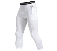 HYCOPROT Mens 3/4 Compression Leggings with Pockets Athletic Tights Sprots Compression Pants Cool Dry Base Layer Trousers for Running Sports Yoga Basketball (White, XXL)