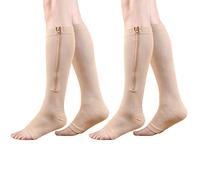 HYCOPROT Zipper Compression Socks for Women Men 2 Pairs Open Toe 15-20 mmHg Compression Stockings for Varicose Veins Running Nurses Pregnancy Travel