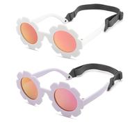 Hycredi Flexible Bendable Flower Baby Polarized Sunglasses with Strap for Newborn Infant Girls Age 0-24 Months, A4* Matte White/Purple Red Mirror + Purple/Purple Red Mirror, S