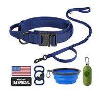 HYDEME Tactical Dog Collar Adjustable Nylon Collar with Control Handle and Heavy Metal Buckle for Medium and Large Dogs, with Patches&Airtags Case&Poop Bag Dispenser&Portable Bowl.(L, DarkBlue-Set)