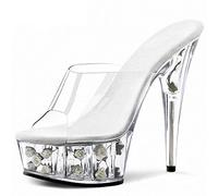 HYDgfiuf Women's Clear High Heels Red Rose Platform Mules Sandals Sexy Stripper Club Pole Dancing Wedding Dress Party Shoes Large Size 34-46,White,37