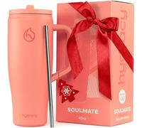 Hydracy 1.18L Tumbler with Flip Straw Stainless Steel Insulated Water Bottle with Handle, Reusable Leakproof Rotatable Lid for Left or Right Hand Use, Cupholder Friendly Rubber Base - Coral Crush