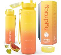 Hydracy Water Bottle with Time Marker -Large 1 Litre BPA Free Water Bottle -Leak Proof Gym Bottle with Fruit Infuser Strainer & Times to Drink - Gradient Yellow Coral