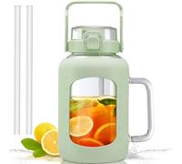 HYDRAGLAZIC 2 Liter Glass Water Bottle with Handle 2L Glass Tumblers with Straw and Lid Motivational Sports Water Jug with Time and Capacity Marker Leak-Proof, Light Green