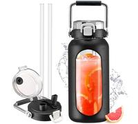 HYDRAGLAZIC 2 Liter Glass Water Bottle with Straw and Time Marker 2L Motivational Water Tumbler with Silicone Sleeve and Spout Lid Wide Mouth Borosilicate Water Jug BPA Free Leak-Proof, Black