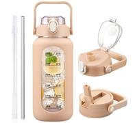 HYDRAGLAZIC 2L Glass Water Bottle with 2 Lids Flip and Chug Lids 2 Liter Large Water Jug with Time Marker and Silicone Sleeve BPA Free Leak-proof for Sports Gym, Amber