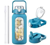 HYDRAGLAZIC 2L Glass Water Bottle with 2 Lids Flip and Chug Lids 2 Liter Large Water Jug with Time Marker and Silicone Sleeve BPA Free Leak-proof for Sports Gym, Blue