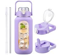 HYDRAGLAZIC 2L Glass Water Bottle with 2 Lids Flip and Chug Lids 2 Liter Large Water Jug with Time Marker and Silicone Sleeve BPA Free Leak-proof for Sports Gym, Purple