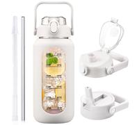 HYDRAGLAZIC 2L Glass Water Bottle with 2 Lids Flip and Chug Lids 2 Liter Large Water Jug with Time Marker and Silicone Sleeve BPA Free Leak-proof for Sports Gym, White