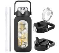 HYDRAGLAZIC 2L Glass Water Bottle with 2 Lids Flip and Chug Lids 2 Liter Large Water Jug with Time Marker and Silicone Sleeve BPA Free Leak-proof for Sports Gym, Black