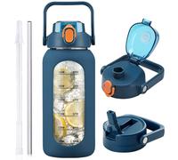 HYDRAGLAZIC 2L Glass Water Bottle with 2 Lids Flip and Chug Lids 2 Liter Large Water Jug with Time Marker and Silicone Sleeve BPA Free Leak-proof for Sports Gym, Dark Blue