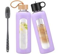 HYDRAGLAZIC 750ml Glass Water Bottle With 2 Lids-Flip Straw Lid, Bamboo Lid, Glass Water Bottle With Silicone Sleeve, Motivational Time Marker, Glass Juice Bottle for Cold Drink,Purple