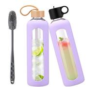 HYDRAGLAZIC 950ml Glass Water Bottle With 2 Lids-Flip Straw Lid, Bamboo Lid, Glass Water Bottle With Silicone Sleeve, Motivational Time Marker, Glass Juice Bottle for Cold Drink,Purple