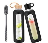 HYDRAGLAZIC 950ml Glass Water Bottle With 2 Lids-Flip Straw Lid, Bamboo Lid, Glass Water Bottle With Silicone Sleeve, Motivational Time Marker, Glass Juice Bottle for Cold Drink,Black