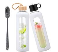 HYDRAGLAZIC 950ml Glass Water Bottle With 2 Lids-Flip Straw Lid, Bamboo Lid, Glass Water Bottle With Silicone Sleeve, Motivational Time Marker, Glass Juice Bottle for Cold Drink,White