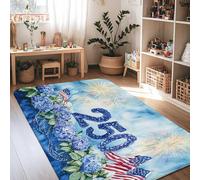 Hydrangea Area Rug, Patriotic Festive Fireworks America Flag Fourth of July Blue Low Pile Sponge Home Indoor Pattern Carpets Non Shedding Rugs for Living Room Bedroom College Dorm Decor 4' X 6'