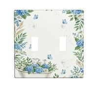 Hydrangea Bathroom Double Light Switch Cover Plate, Floral Watercolor Butterfly Leaves Spring Blue Plastic Standard Size Toggle Light Switch Cover for Home Living Room Bedroom Apartment Decor