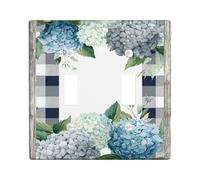 Hydrangea Bathroom Double Light Switch Cover Plate, Rustic Country Leaves Plaid Spring Blue Plastic Standard Size Decorative Wall Plates for Living Room Bedroom Home Office Decor