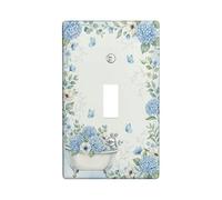 Hydrangea Bathroom Single Light Switch Cover Plate, Floral Vintage Butterfly Flower Spring Blue Plastic Standard Size Switch Plate Decorative for Home Living Room New Apartment Decor (Single)